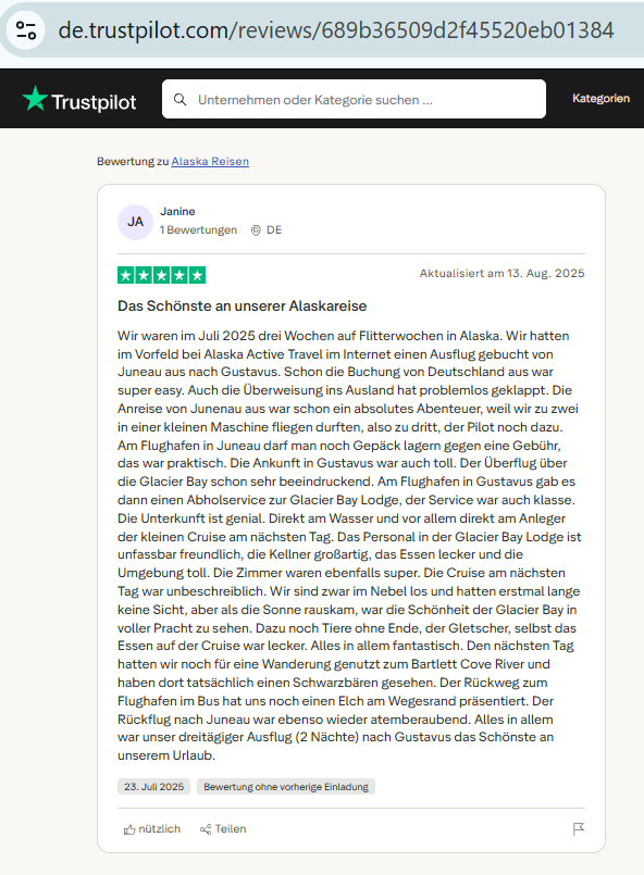 Screenshot of a Trustpilot review for Das Schönste an unserer Alaskareise