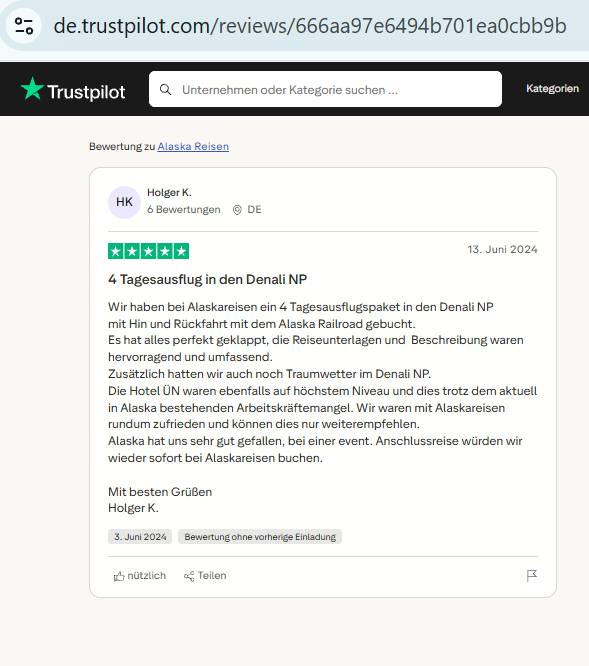 Screenshot of a Trustpilot review for Four Tagesausflug in den Denali NP