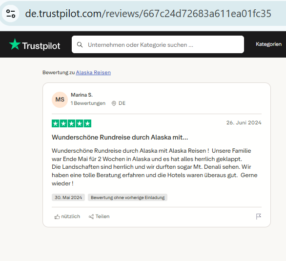 Screenshot of a Trustpilot review for Wunderschöne Rundreise durch Alaska