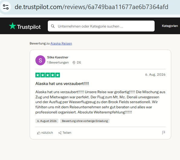 Screenshot of a Trustpilot review for Wunderschöne Rundreise durch Alaska