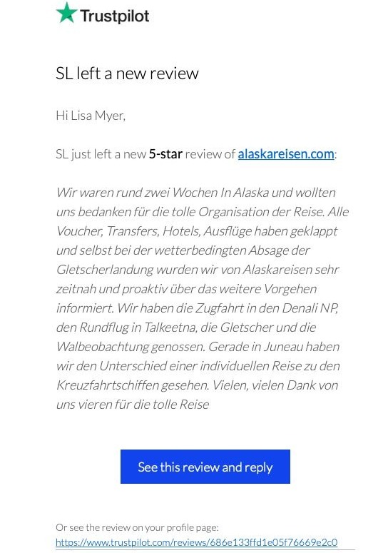 Screenshot of a Trustpilot review for Wunderschöne Rundreise durch Alaska