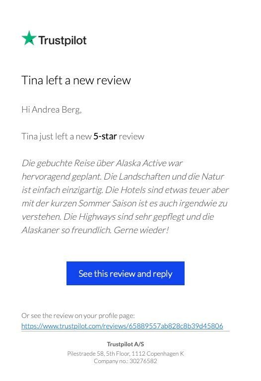 Screenshot of a Trustpilot review for Wunderschöne Rundreise durch Alaska