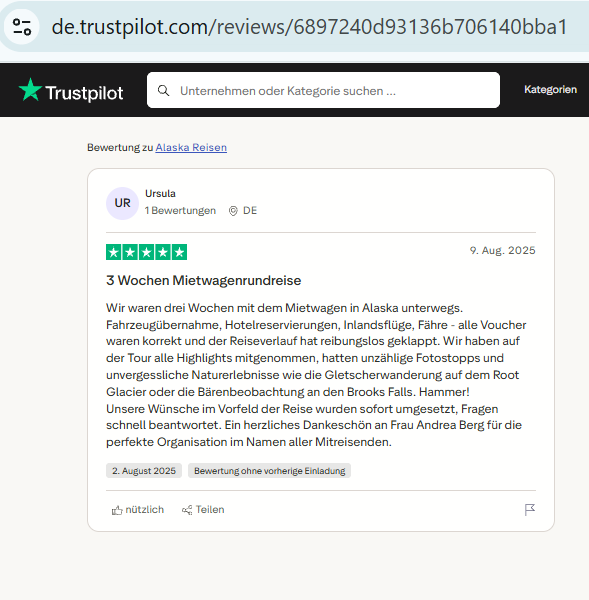 Screenshot of a Trustpilot review for Three Wochen Mietwagenrundreise